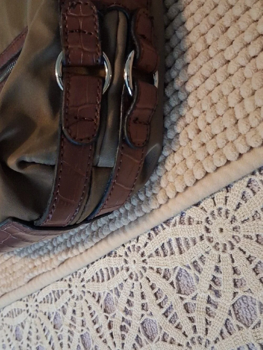 Etienne Aigner Olive/Tan Nylon Hobo with Brown Leather Trim